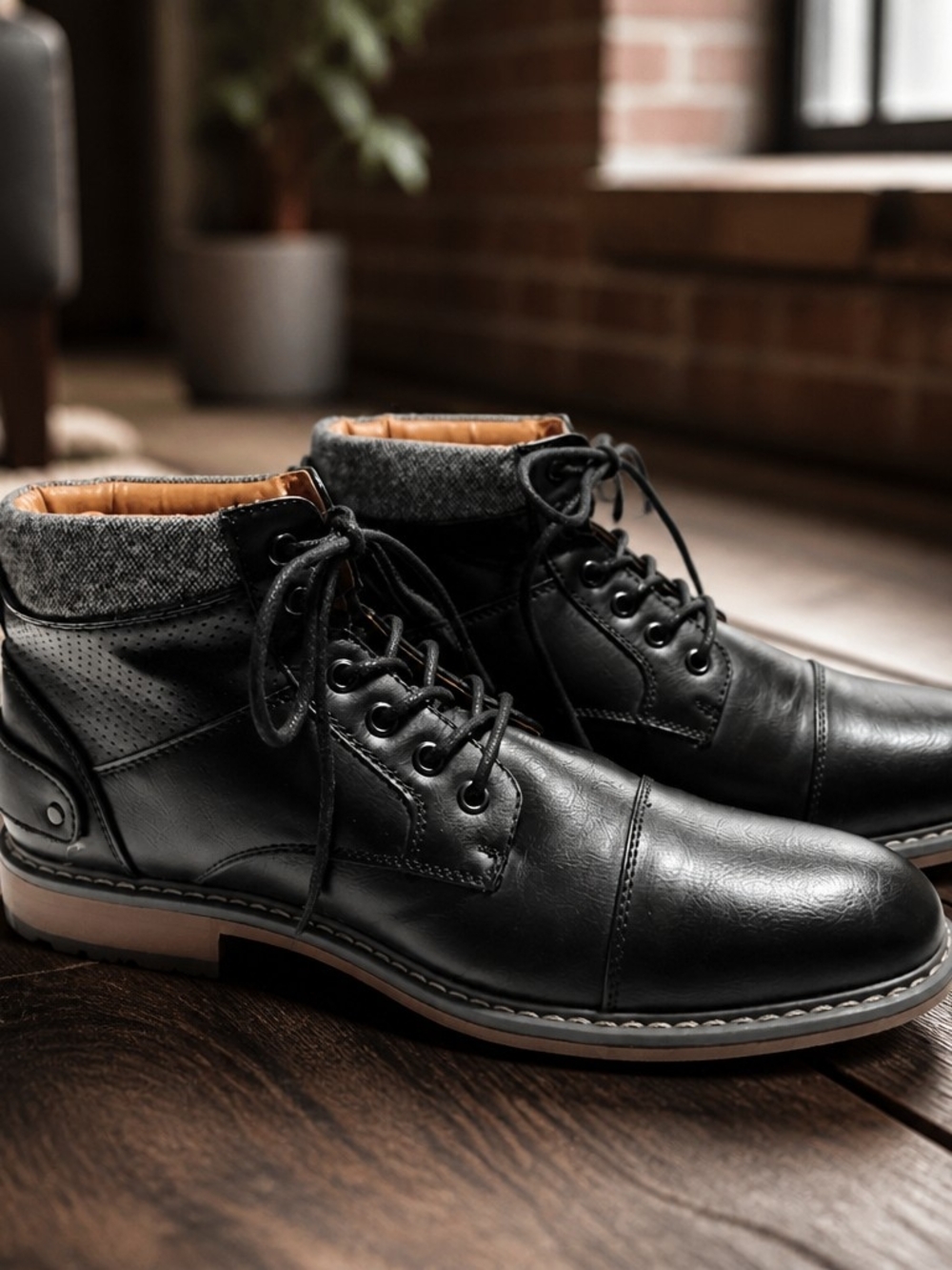 Steve Madden Black Leather Lace-Up Chukka Ankle Boots with Tan Collar
